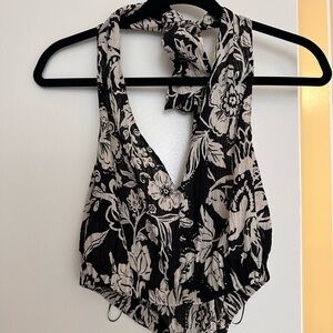 Zara Black and Cream Floral Halter Top